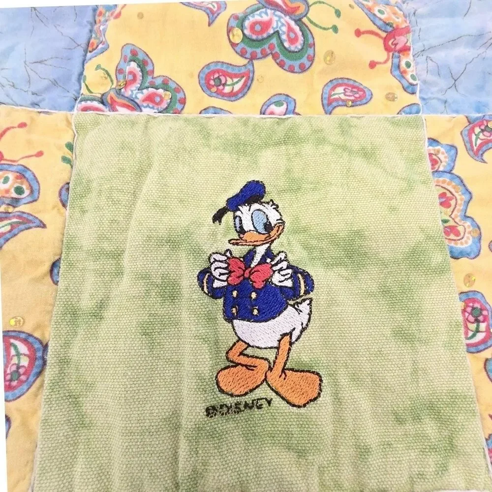 Vintage 70s 80s Handmade Baby Quilt Donald Duck Butterfly Patchwork 33x44